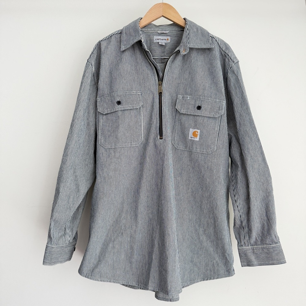 Carhartt Shirt Mens Large Hickory Stripe Quarter Zip Front Denim Cotton Workwear
